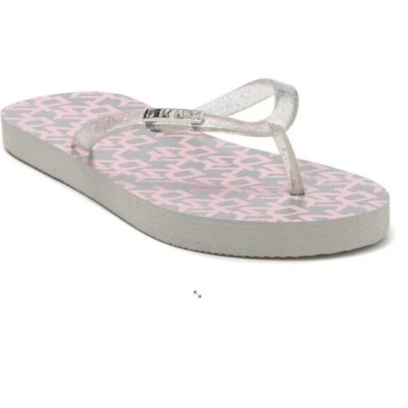 DKNY Big Girls Zoey Flip Flops Size 4-5 Silver Pink Logo Glitter NEW - Picture 1 of 5